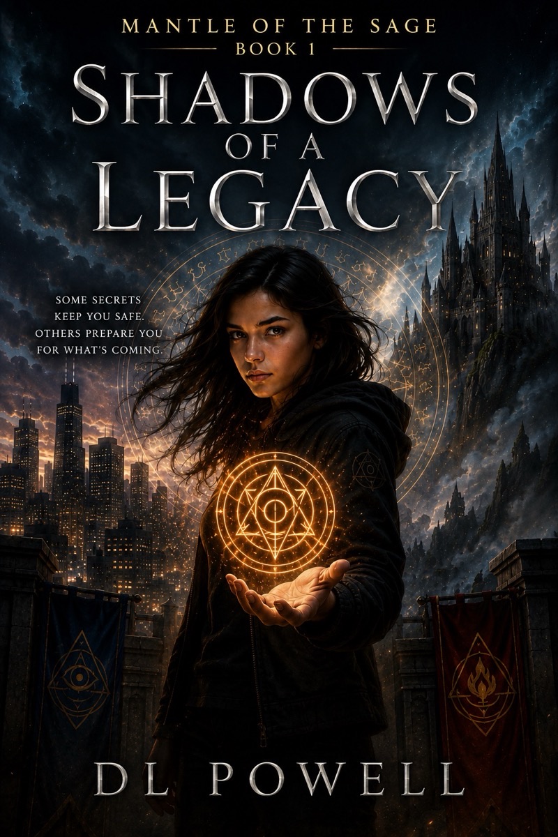 Shadows of a Legacy, Book One cover: Valyn Melech holding a glowing sigil above a night city