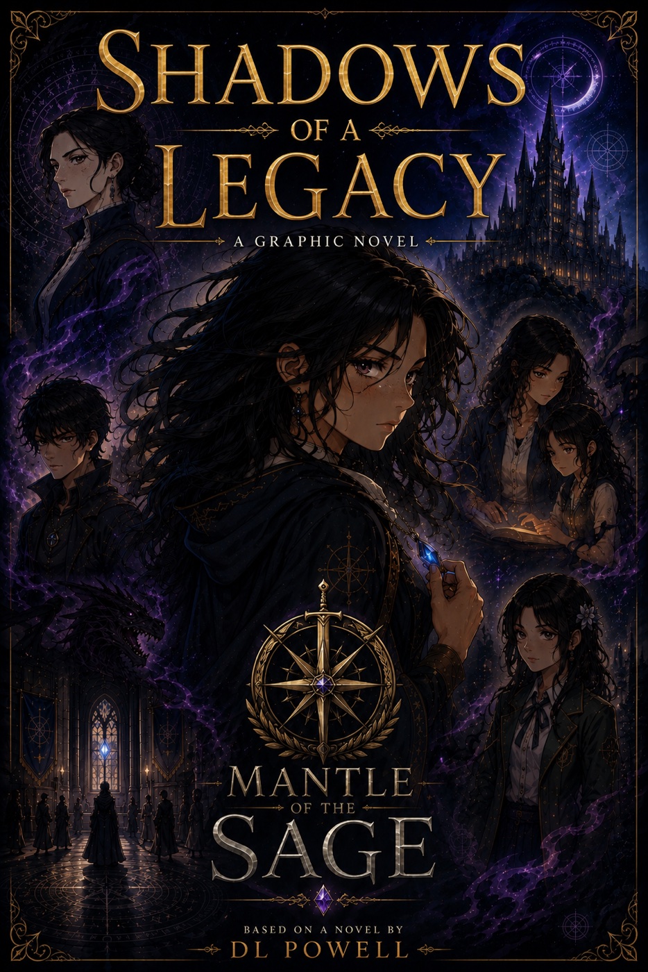 Shadows of a Legacy graphic novel, Volume 1 cover: Valyn with her family and the Academy behind her