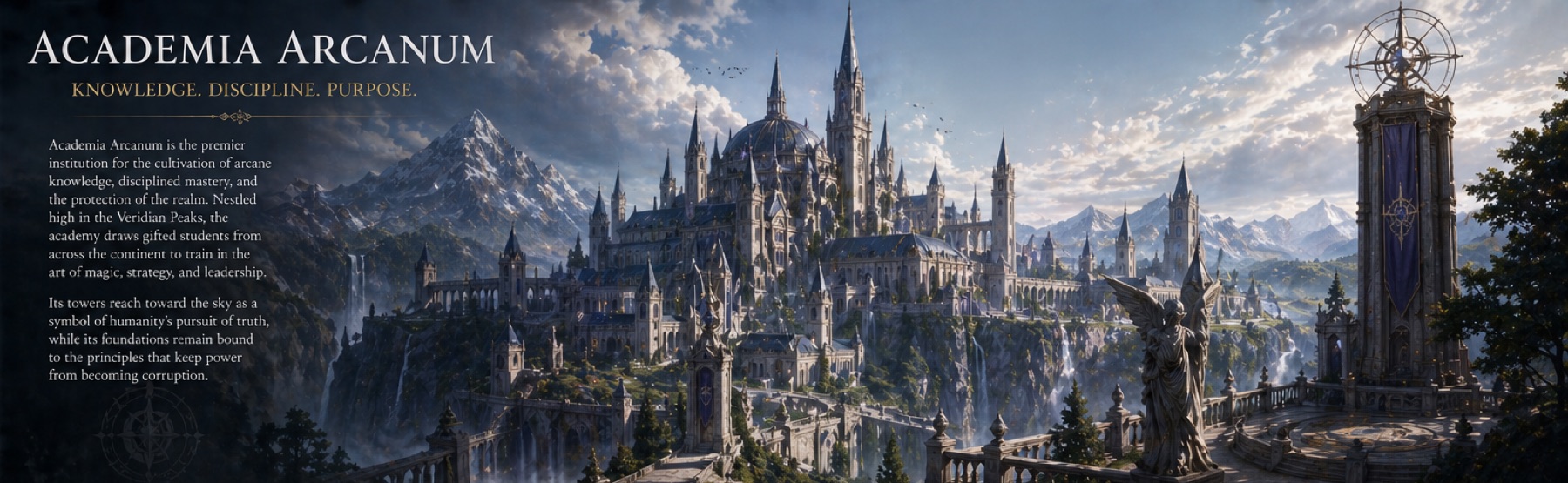 Academia Arcanum: a vast academy of spires and domes above waterfalls in the Veridian Peaks