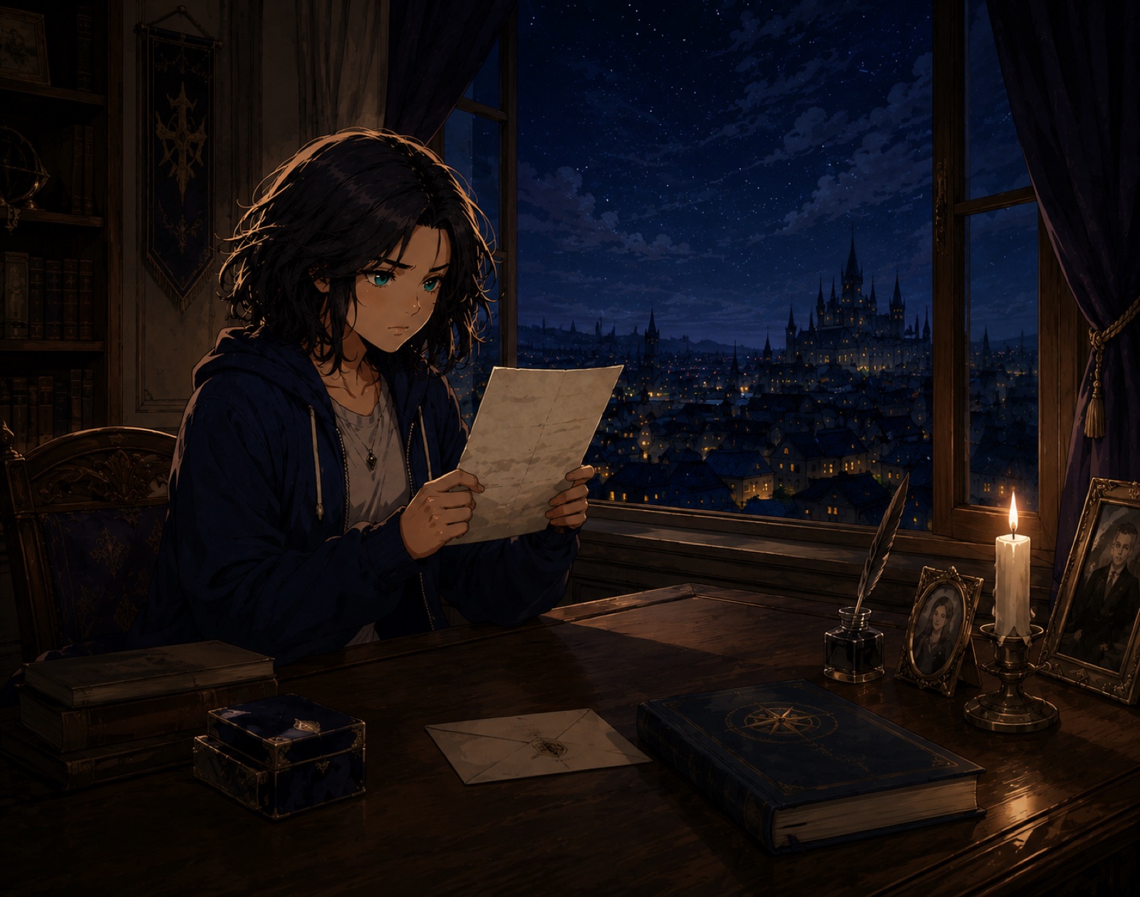 Valyn at a desk by a window at night, reading a letter, a city of spires beyond