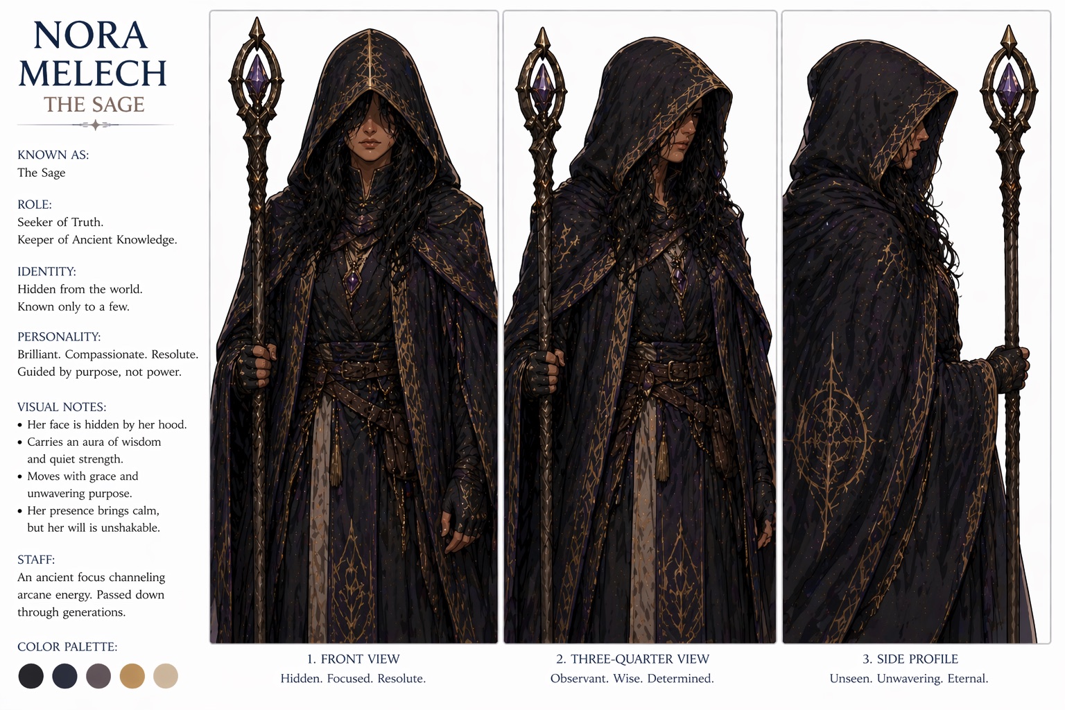 Nora Melech character design: hooded figure with crystal staff