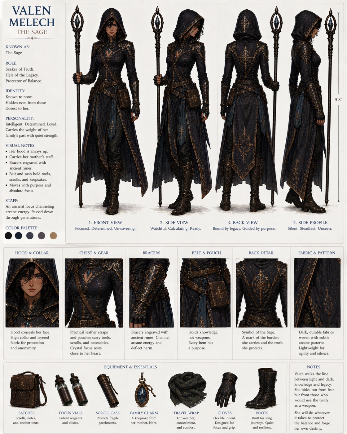 Valyn Melech character design: front, side, and back views in a hooded dark cloak with staff